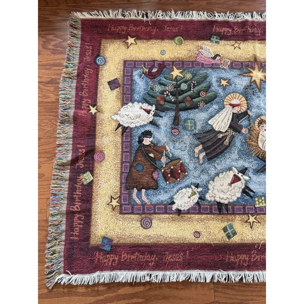 Vintage Christmas Angels Happy Bday Jesus Throw Blanket Tapestry Goodwin Weavers